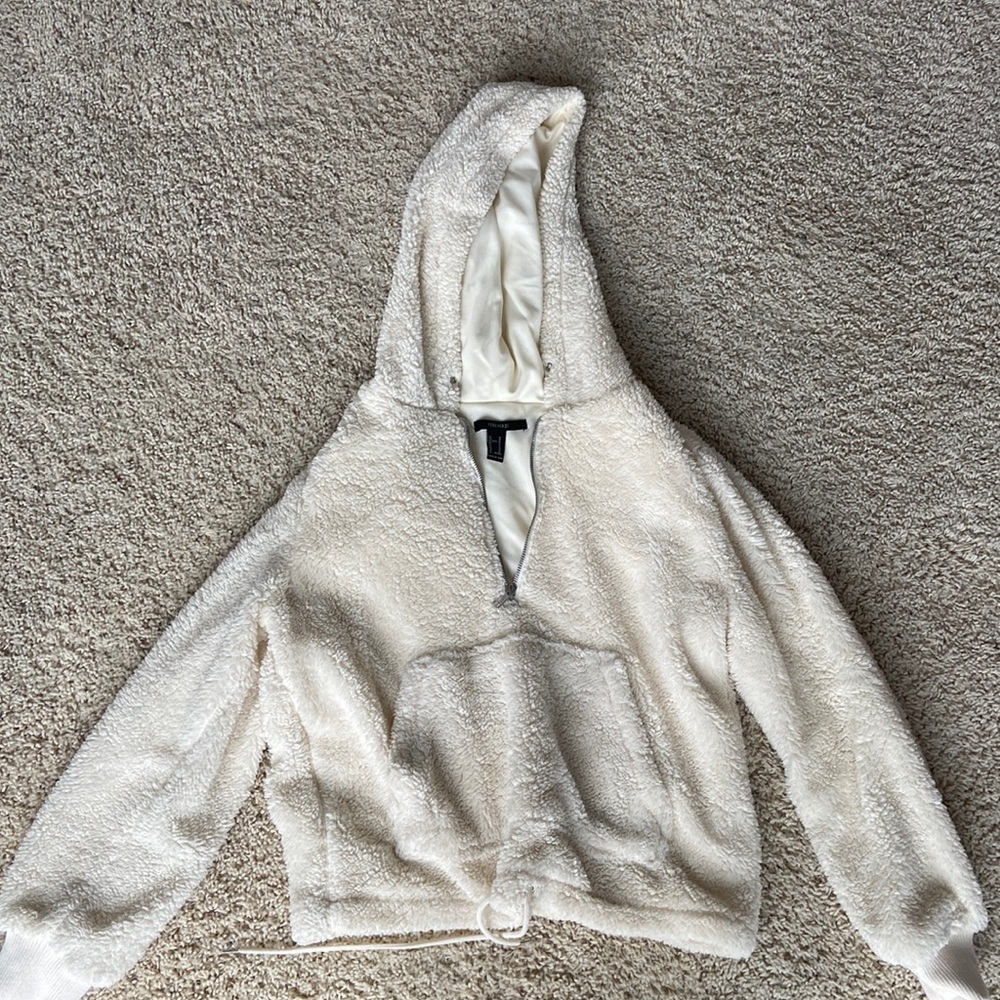 White fuzzy cropped hoodie